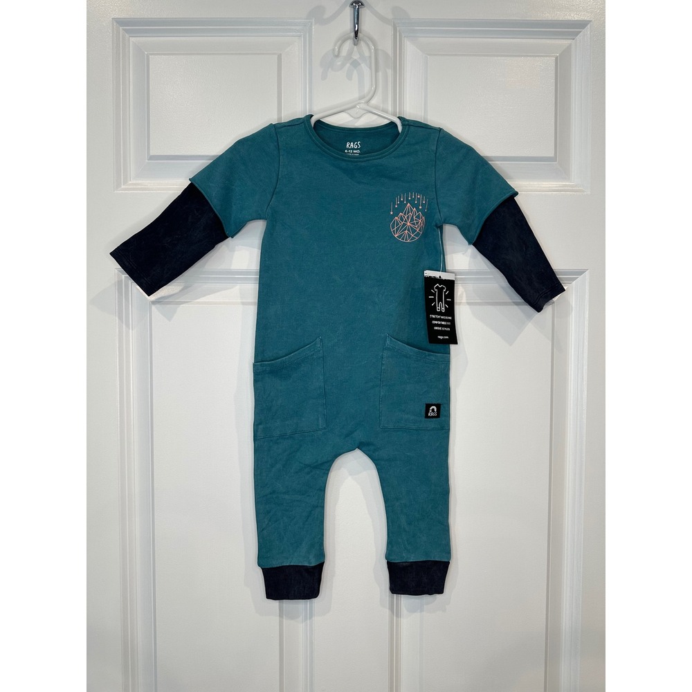 Rags Teal‎ Mountain Stars Long Sleeve Romper Jumpsuit Size 6-12 Months